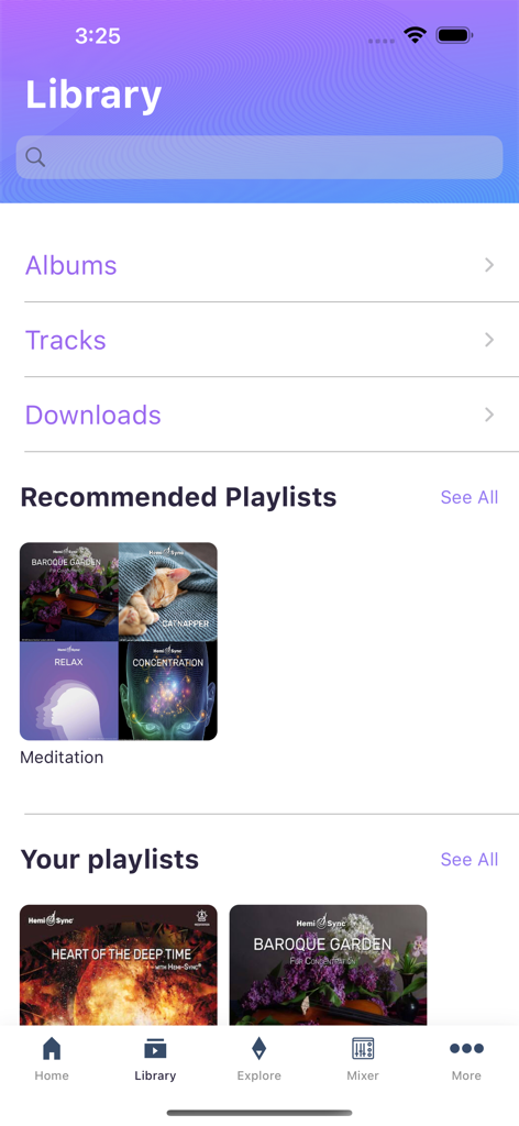 Pantalla de biblioteca de la aplicación Hemi-Sync Flow mostrando listas de reproducción de meditación y concentración.