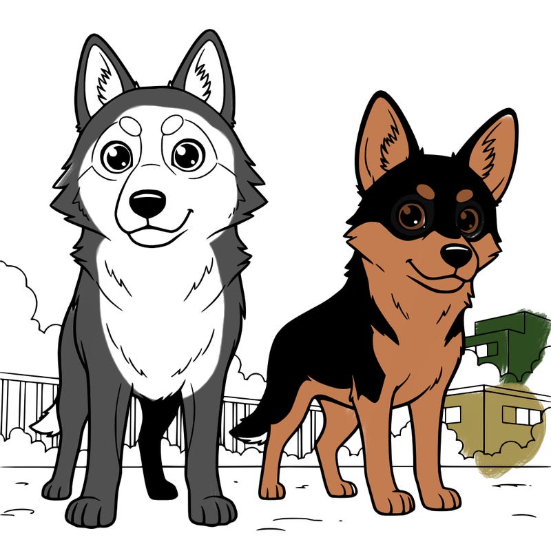 wolfdog and brown and black dog