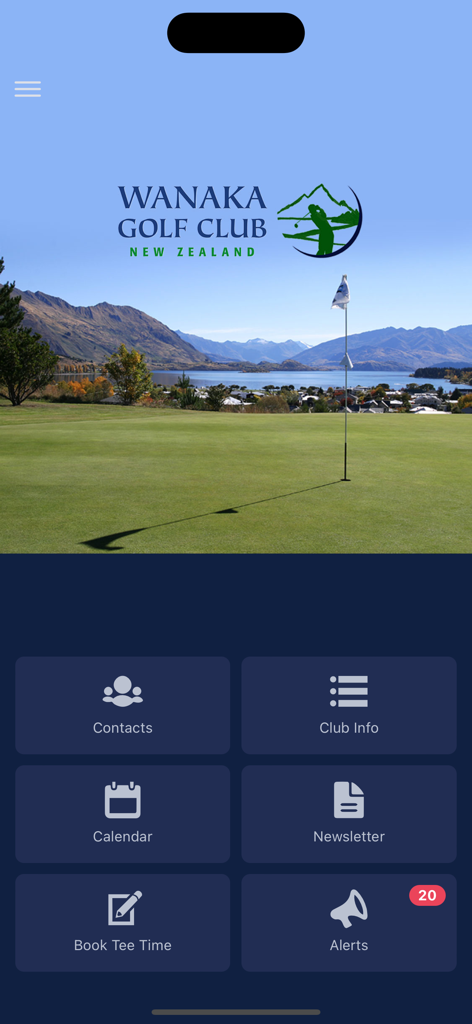 ClubAppsNZ - Pantalla de inicio de la aplicación del Club de Golf de Wanaka que muestra botones del panel para contactos, calendario y reserva de horarios de salida