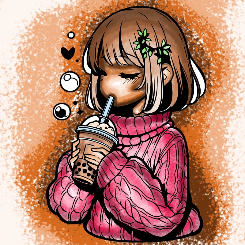 manga girl drinking boba in cozy sweater