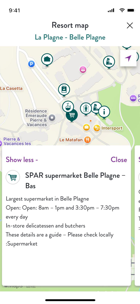 Crystal Ski Explorer - Crystal Ski Explorer app showing a resort map of La Plagne with supermarket information