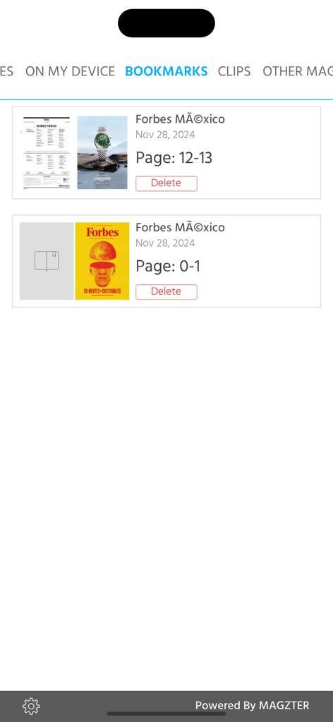 La pantalla de marcadores de la aplicación Forbes Mexico mostrando páginas y números guardados de la revista.