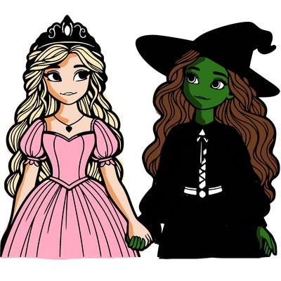 a princess and a witch holding hands realistic