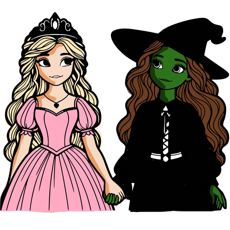 a princess and a witch holding hands realistic