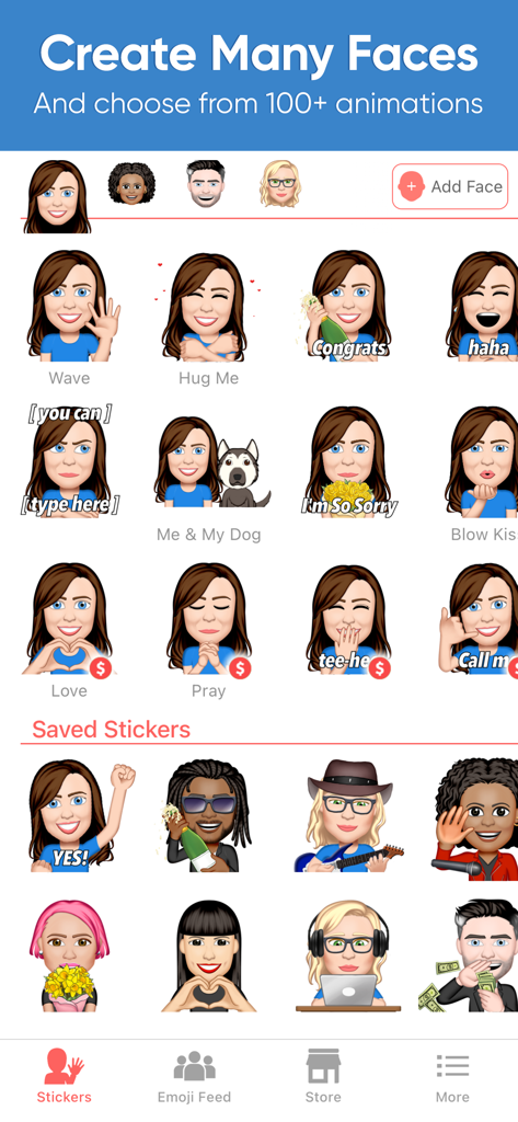 Un écran de l'application Emoji Me Sticker Maker affichant divers autocollants animés personnalisés et des visages d'avatars personnalisés