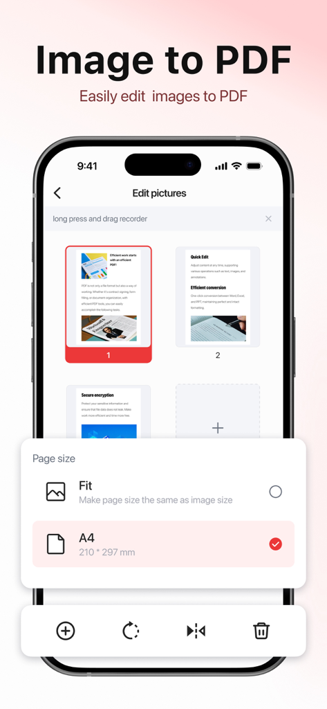 PDF Reader - Editor & Scanner - Interface d'application mobile montrant la conversion d'image en PDF et les paramètres de taille de page