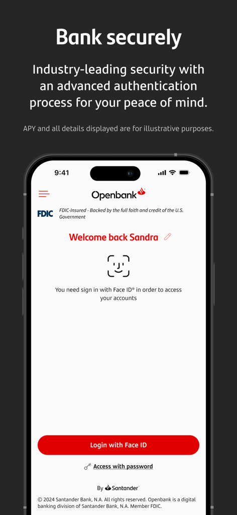 Openbank U.S. mobile app login screen showcasing secure biometric authentication with Face ID.
