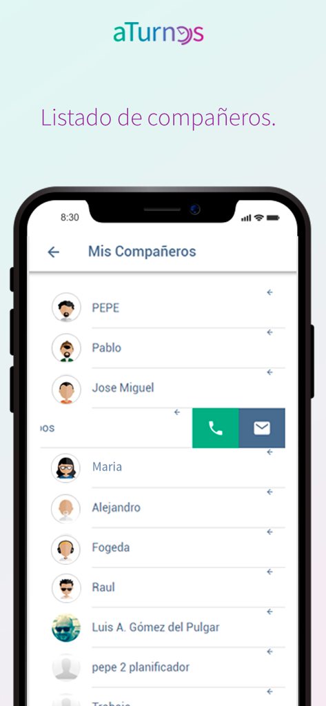 aTurnos - Mobile screen showing a list of colleagues in the aTurnos app with contact options