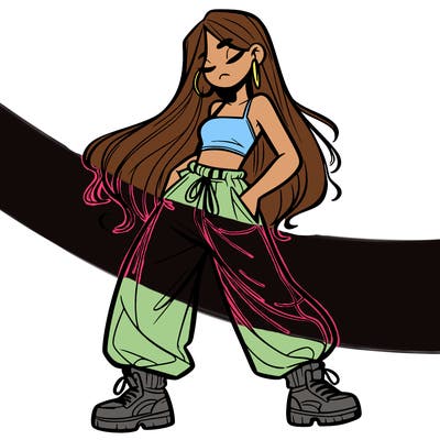 girl in baggy pants crop top and long hair