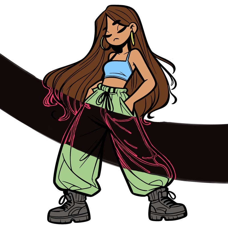 girl in baggy pants crop top and long hair