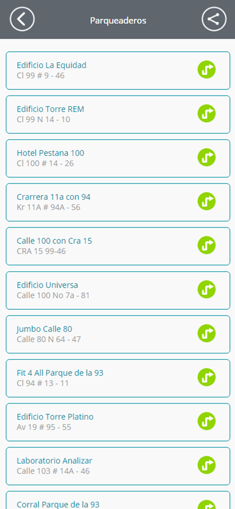 Bildschirm der Park-App, der eine Liste verfügbarer Parkplätze mit Namen und Adressen anzeigt