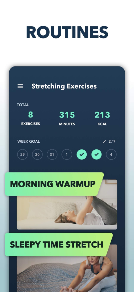Stretching at Home, Mobility - 운동 및 칼로리 맨몸 운동 및 진행 상황 추적을 보여주는 집에서 하는 스트레칭 앱 인터페이스 스크린샷