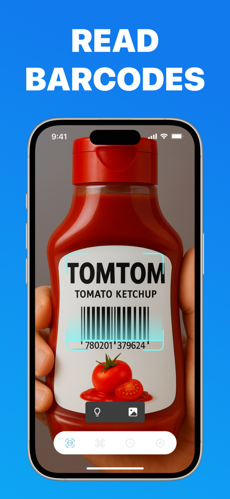 QR Code Reader & Barcode Maker - Smartphone app scanning a barcode on a bottle of ketchup