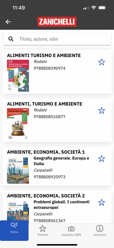 Search interface of the laZ Guarda app showing a list of Zanichelli textbooks with ISBN codes