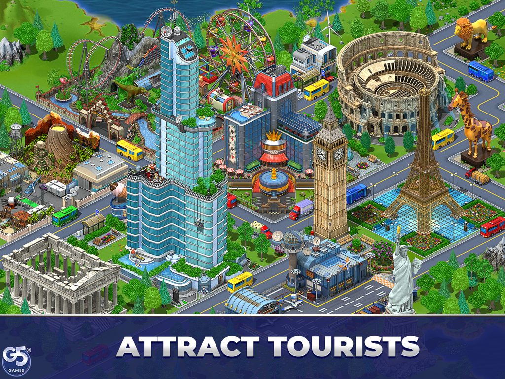 Virtual City Playground HD - A bustling digital city in Virtual City Playground HD featuring world-famous landmarks and the text Attract Tourists.