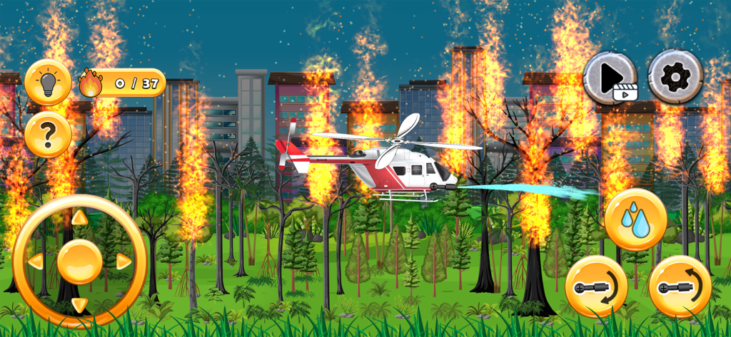 Aid Heli Ambulance Simulator - A rescue helicopter spraying water to extinguish trees on fire in a forest