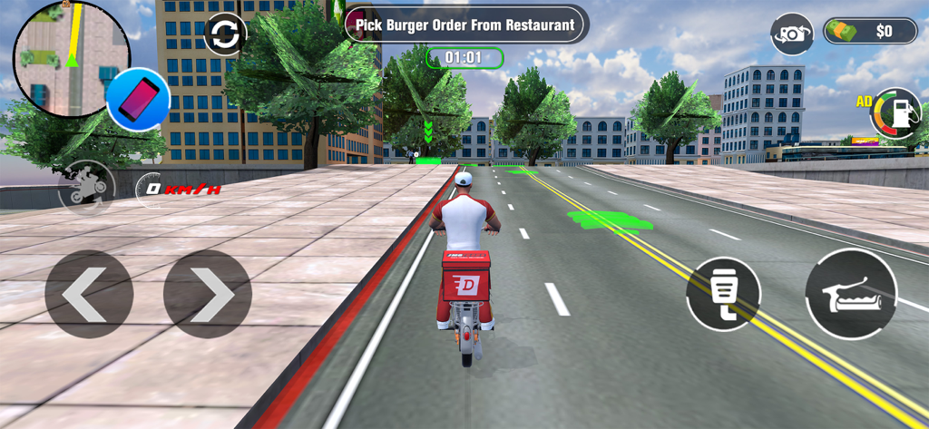 Food Hustle Delivery Game - Eine Figur fährt in einer Stadtstraße im Food Hustle Delivery Game mit einem Lieferroller.