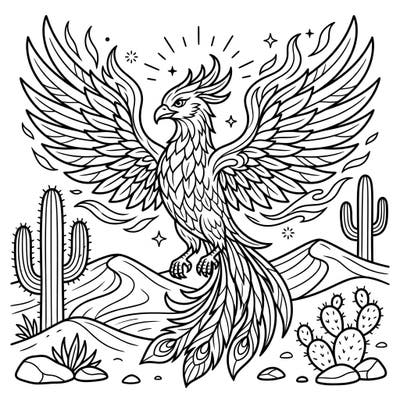 Ignite your child's imagination with this captivating Desert Phoenix coloring page, perfect for young artists. This printable features a majestic phoenix in a vibrant desert landscape, encouraging creativity and focus.