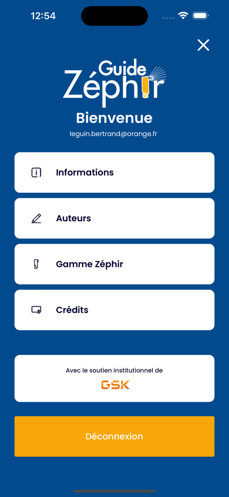 Écran d'accueil de l'application médicale respiratoire Guide Zephir affichant les options de menu pour les auteurs et les crédits des informations, ainsi qu'un bouton de déconnexion.