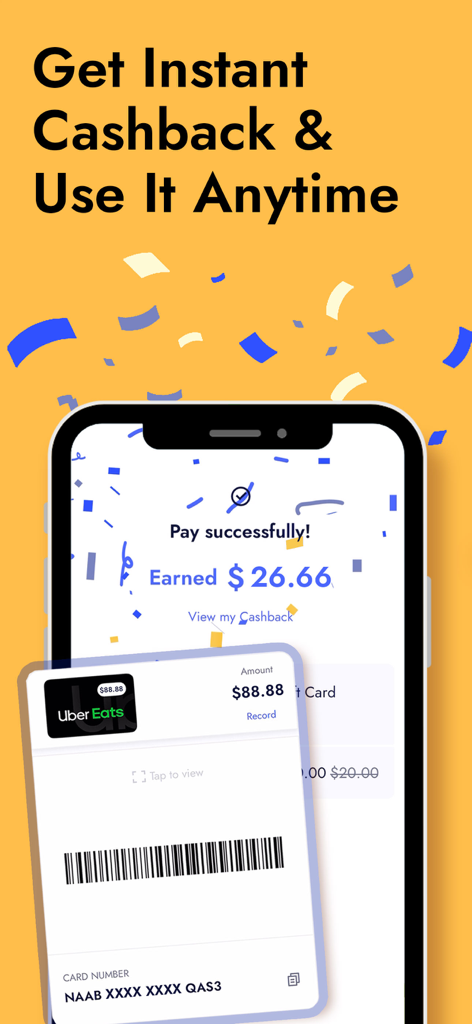 Snaplii mobile app showing a successful payment screen with earned cashback and an Uber Eats digital gift card
