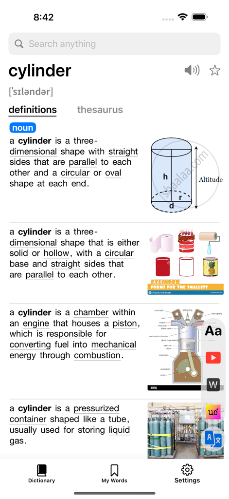 Deep Dictionary - Screenshot of Deep Dictionary app showing various definitions and visual illustrations for the word cylinder