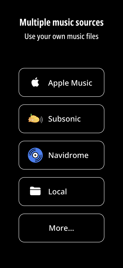 CassoFlow - Retro music player - Apple Music、Subsonic、Navidrome、ローカルファイルを含む複数の音楽ソースオプションを示すCassoFlowアプリインターフェース