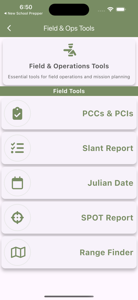 Army NCO Tools & Guide - Interface do aplicativo Ferramentas do NCO do Exército exibindo um menu para ferramentas de campo e operações, incluindo Relatórios Slant e Range Finder