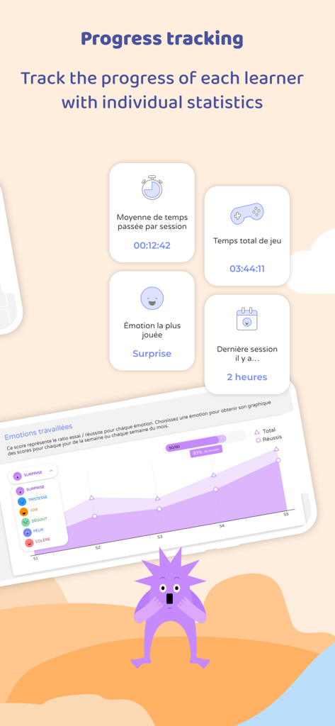 EMOFACE Play & Learn emotions - A dashboard for tracking learner progress with statistics and charts in the Emoface app