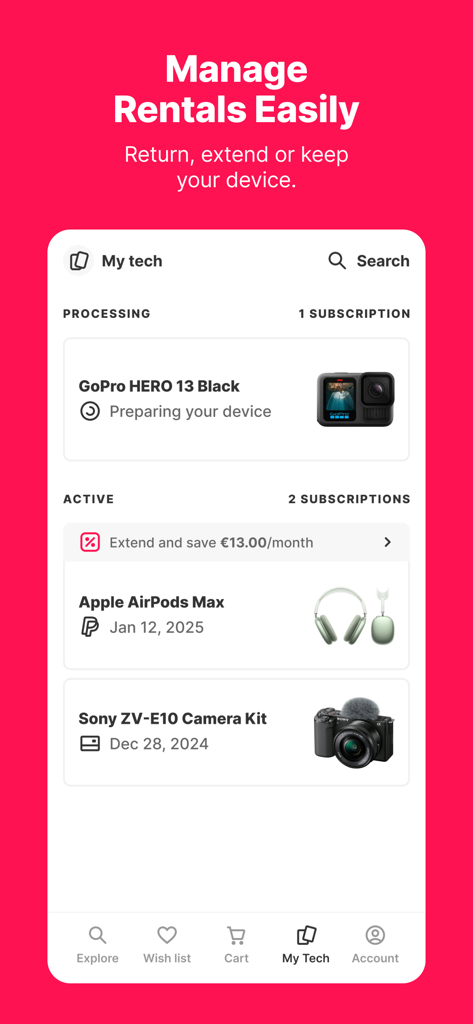 Grover – rent tech flexibly - Interfaccia dell'app mobile Grover che mostra i noleggi tecnologici attivi per fotocamere e cuffie