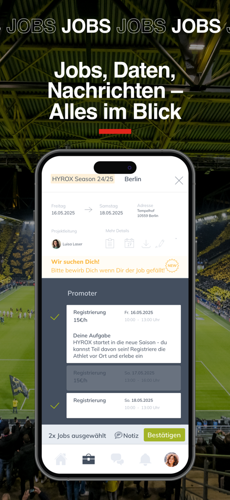 SPORTFIVE Eventjobs - SPORTFIVE Eventjobs mobile app displaying a promoter job offer for a sports event at a stadium