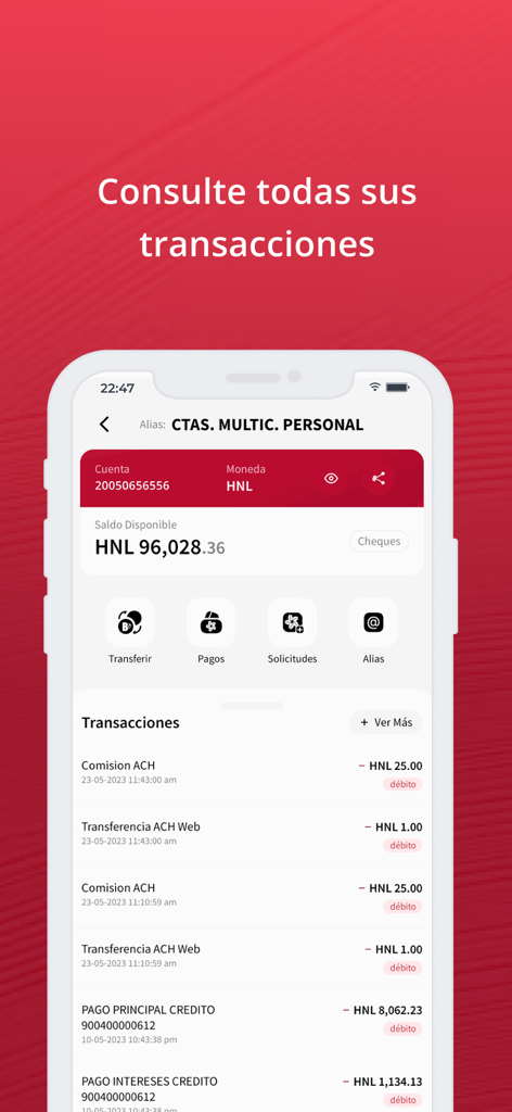 BANHCAFE Online - Interfaz de la aplicación BANHCAFE Online que muestra una lista de transacciones bancarias recientes y el saldo de la cuenta en HNL