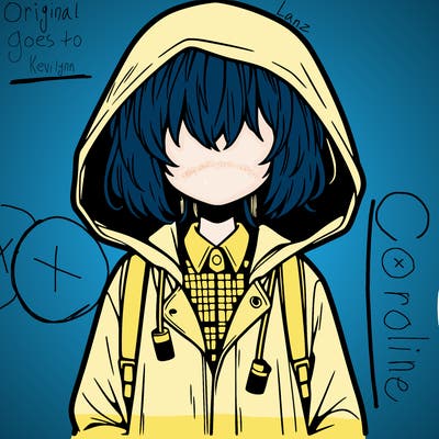 little anime girl in a raincoat her hair is covering her eyes she has a lighter