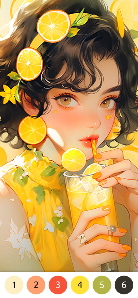 Chica anime bebiendo jugo de naranja en un juego digital de pintar por números