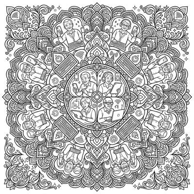 Celebrate the connection between generations and technology with this unique mandala coloring page. Featuring symmetrical patterns of older adults mastering digital devices, it's a perfect blend of modern life and timeless art.