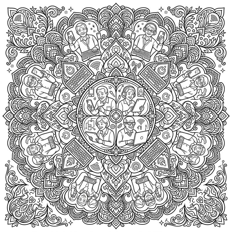 Celebrate the connection between generations and technology with this unique mandala coloring page. Featuring symmetrical patterns of older adults mastering digital devices, it's a perfect blend of modern life and timeless art.
