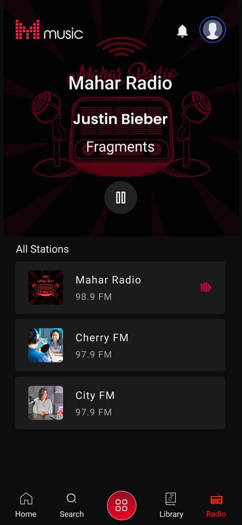 Mahar Music - Radio interface of the Mahar Music app showing various FM stations including Mahar Radio and Cherry FM