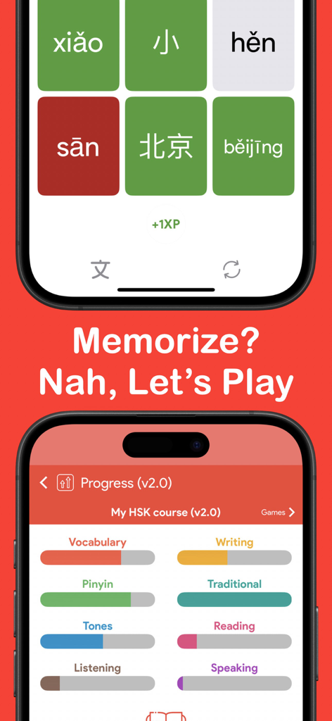 HSK1 Learn Chinese app interface showing a character matching game and a detailed progress tracking dashboard with skill bars for vocabulary and writing