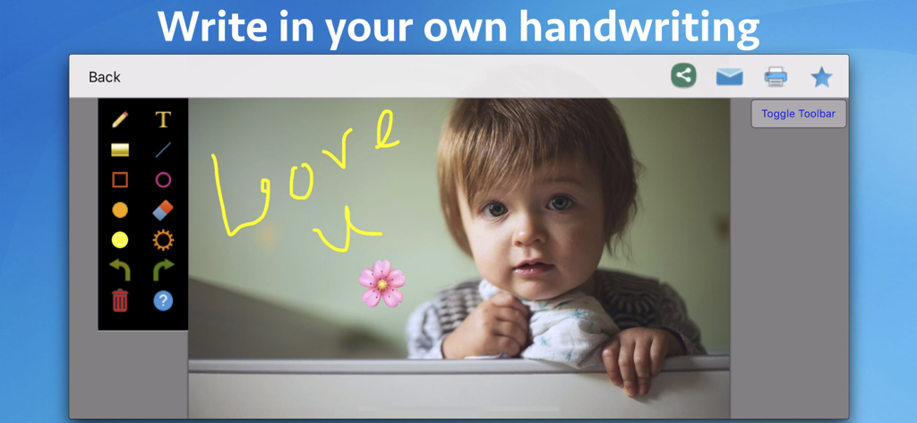 Photo Markup - Draw & Annotate - The Photo Markup app interface showing handwritten notes and a flower emoji on a childs photo