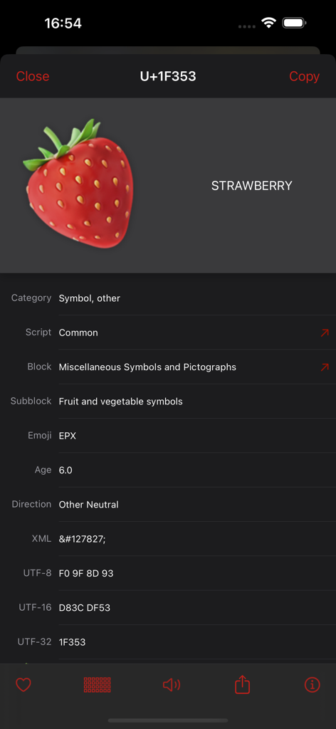 Unicode Pad Pro with keyboards - Detailed Unicode character information for a strawberry emoji