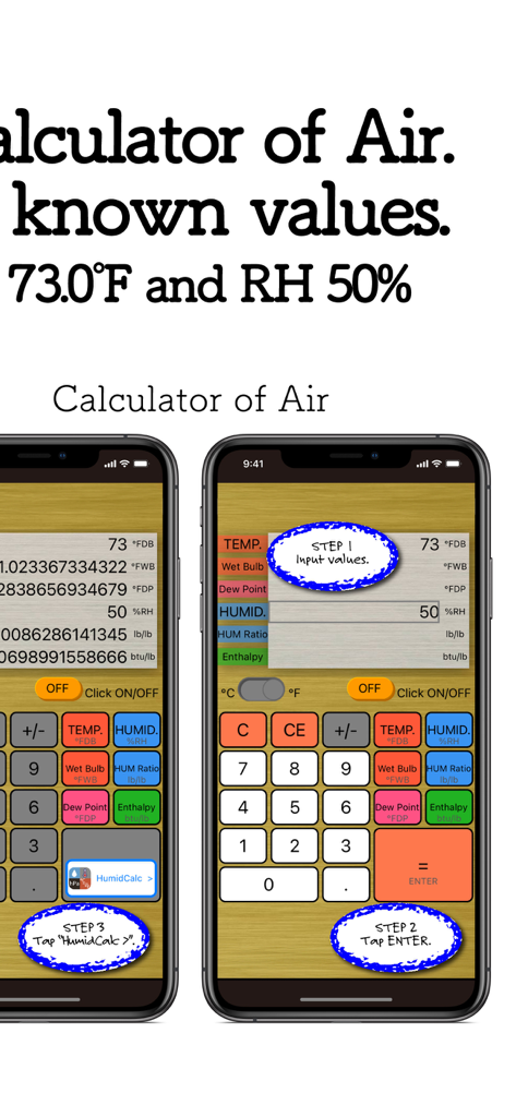 Un guide visuel en trois étapes montrant comment transférer les données de température et d'humidité de l'application compagnon Calculator of Air vers HumidCalc