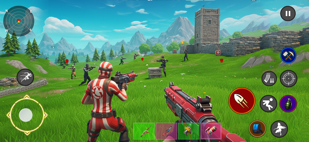 Cover Fire Max Battlegrounds - Captura de pantalla de jugabilidad de Cover Fire Max Battlegrounds mostrando personajes en combate en un campo cubierto de hierba con vistas a la montaña