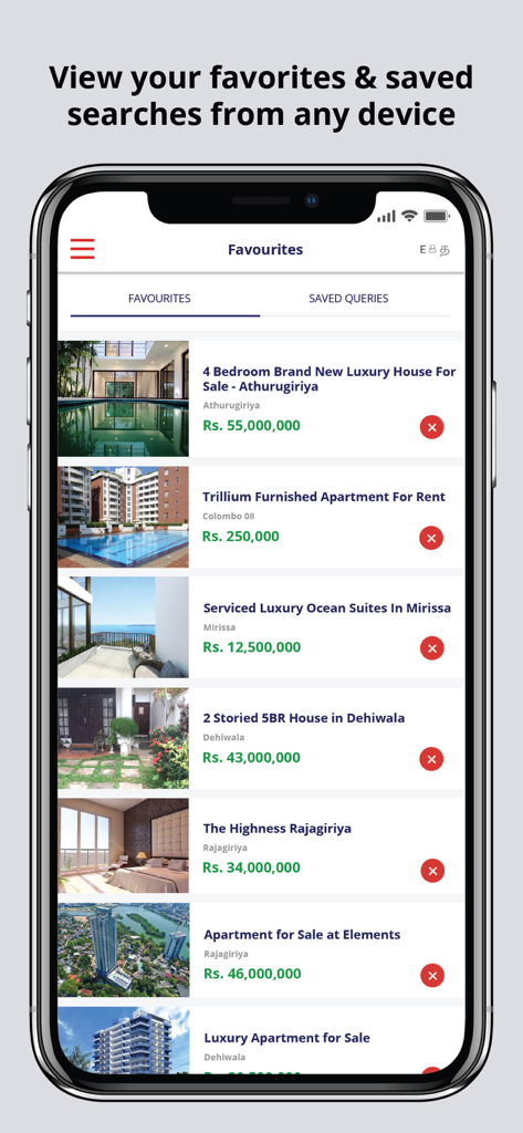 LankaPropertyWeb Property App - Smartphone screen showing a list of favorited luxury houses and apartments in Sri Lanka