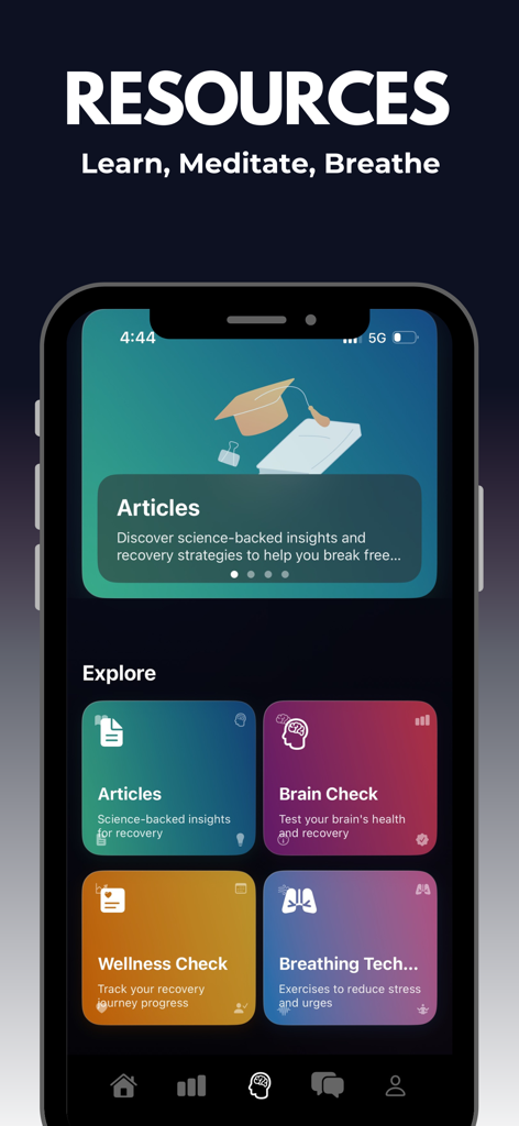 Interfaz de la aplicación SnapOut que muestra recursos de recuperación como artículos, controles de salud cerebral, seguimiento del bienestar y ejercicios de respiración.