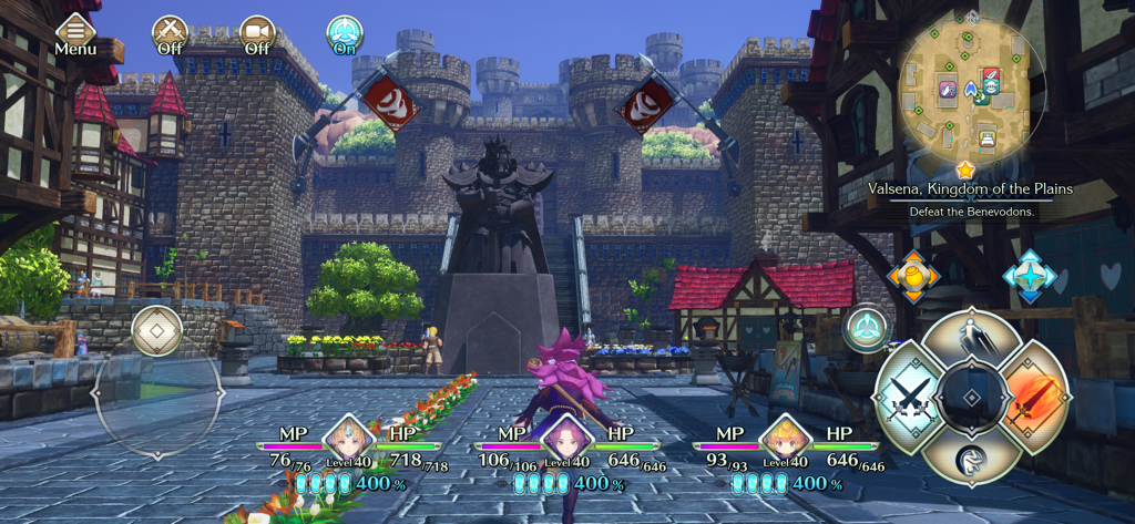 Gameplay of Trials of Mana featuring the characters in Valsena Kingdom with the mobile touch interface.