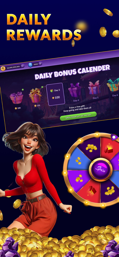 SpinArena Slots: Online Casino - SpinArena Slots daily rewards interface with bonus calendar and spin wheel