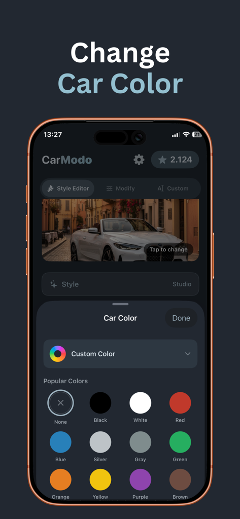 AI Car Modification - CarModo - iPhone screen displaying the CarModo app interface for changing car colors with a popular color palette