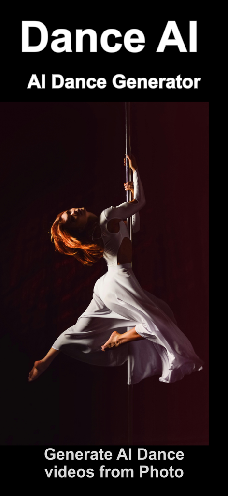AI Dance Generator - DanceAI - Una mujer bailando con un vestido blanco con texto que dice Genera videos de baile IA a partir de fotos