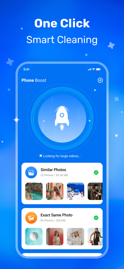 Cleaner - Phone Cleaner - Interface of the Phone Cleaner app showing one-click smart cleaning for similar and duplicate photos.