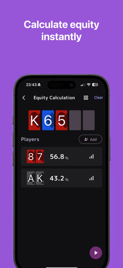 Écran d'application mobile montrant un calculateur d'équité de poker avec les pourcentages de victoire pour différentes mains de Texas Hold'em