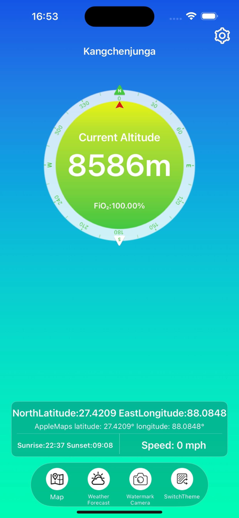 Altimeter Pro - Altitude & Map - Altimeter Pro app interface displaying current altitude of 8586 meters, FiO2 percentage, and GPS coordinates.